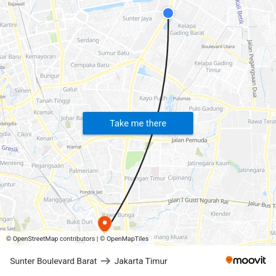 Sunter Boulevard Barat to Jakarta Timur map