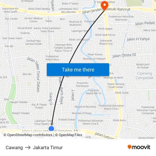 Cawang to Jakarta Timur map