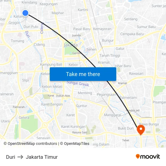 Duri to Jakarta Timur map