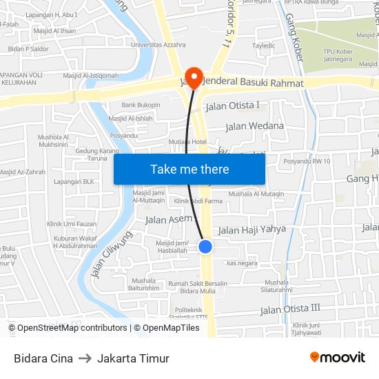 Bidara Cina to Jakarta Timur map