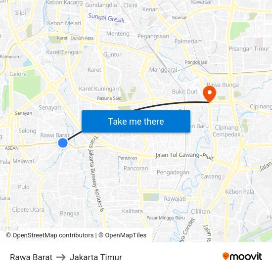 Rawa Barat to Jakarta Timur map