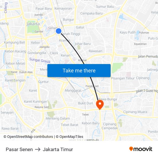 Pasar Senen to Jakarta Timur map