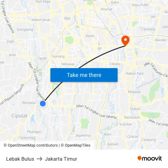 Lebak Bulus to Jakarta Timur map