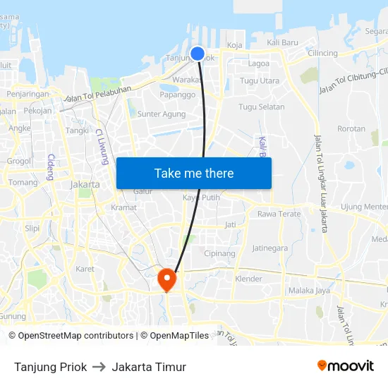 Tanjung Priok to Jakarta Timur map