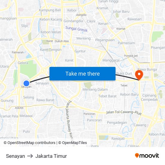 Senayan to Jakarta Timur map