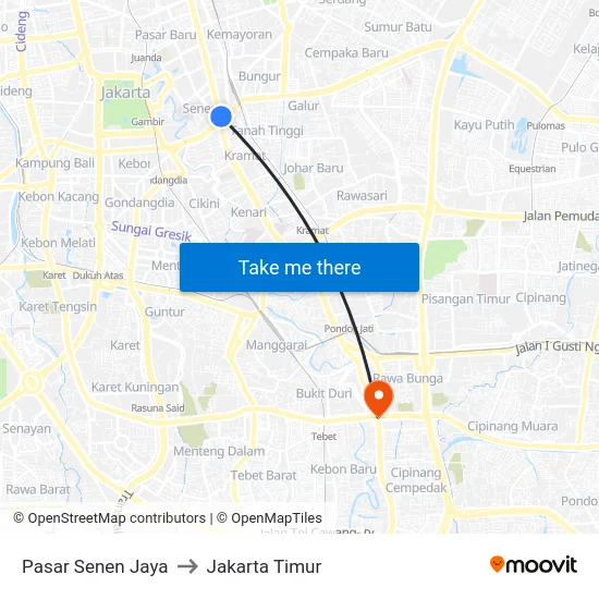 Pasar Senen Jaya to Jakarta Timur map