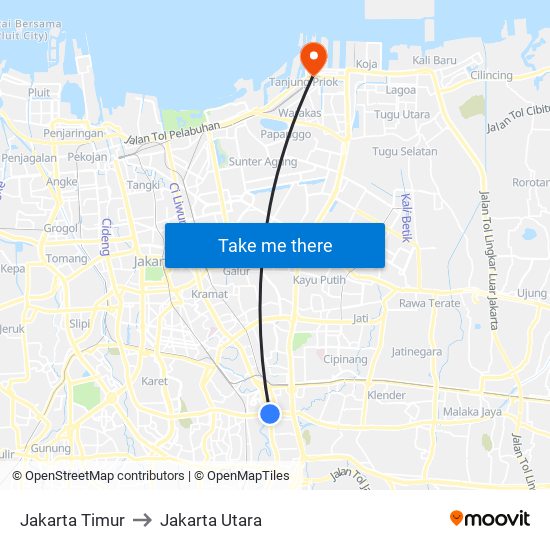 Jakarta Timur to Jakarta Utara map