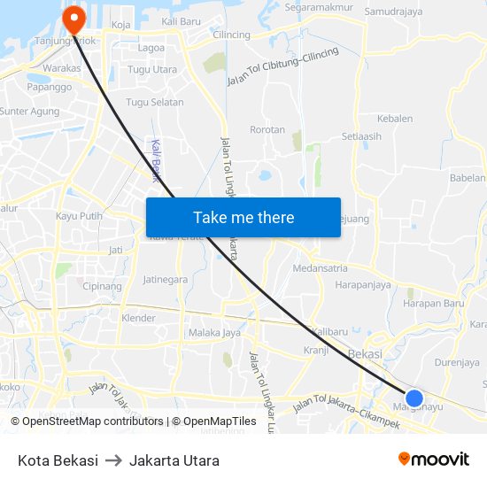 Kota Bekasi to Jakarta Utara map