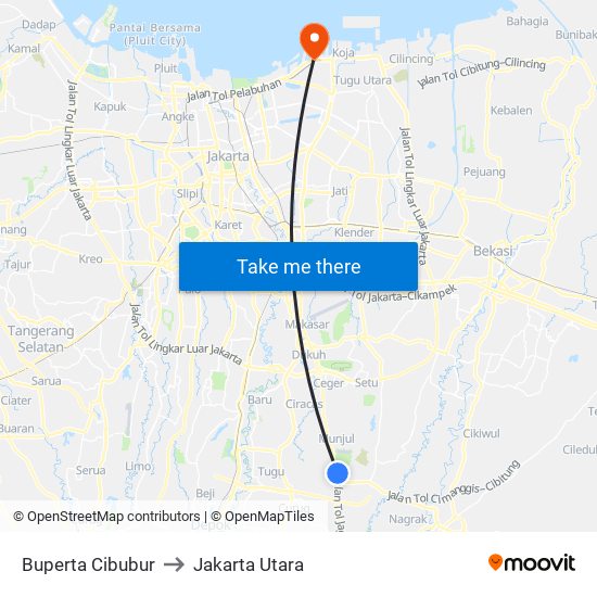 Buperta Cibubur to Jakarta Utara map