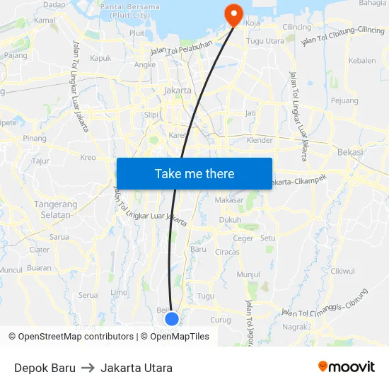 Depok Baru to Jakarta Utara map