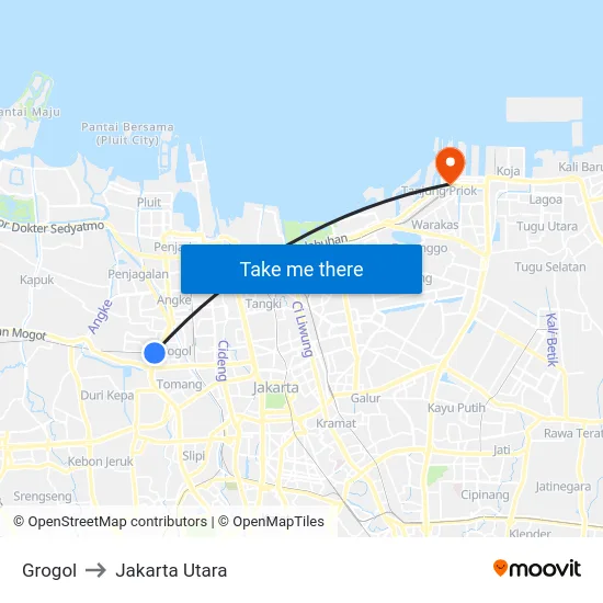 Grogol to Jakarta Utara map