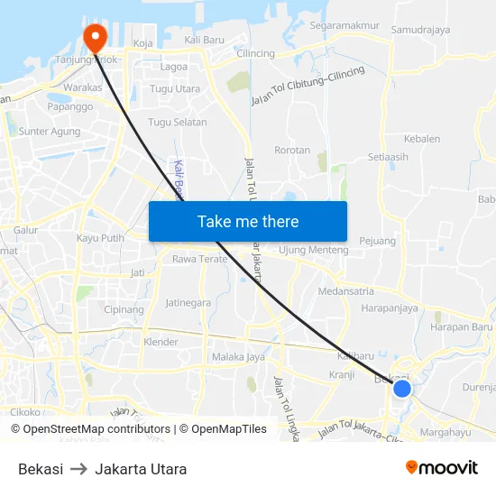 Bekasi to Jakarta Utara map