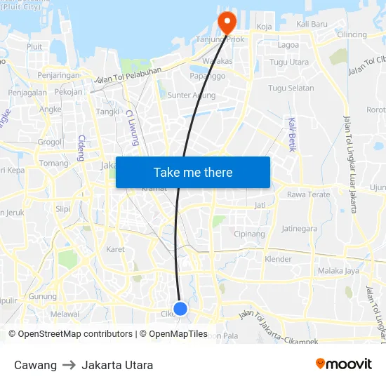 Cawang to Jakarta Utara map