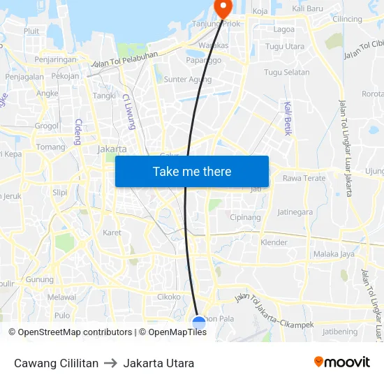 Cawang Cililitan to Jakarta Utara map