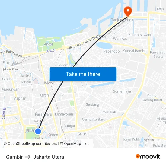 Gambir to Jakarta Utara map