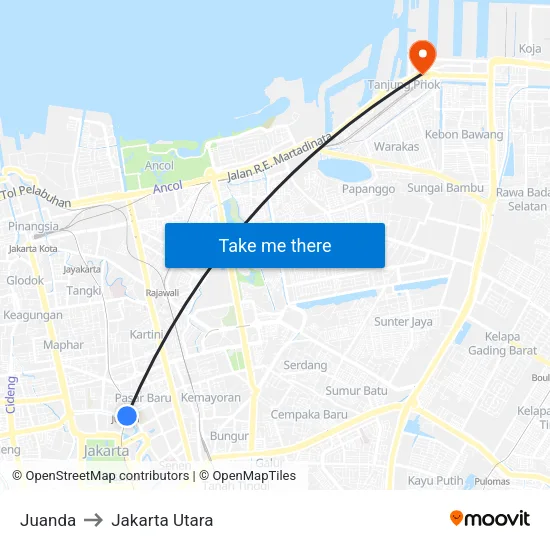 Juanda to Jakarta Utara map