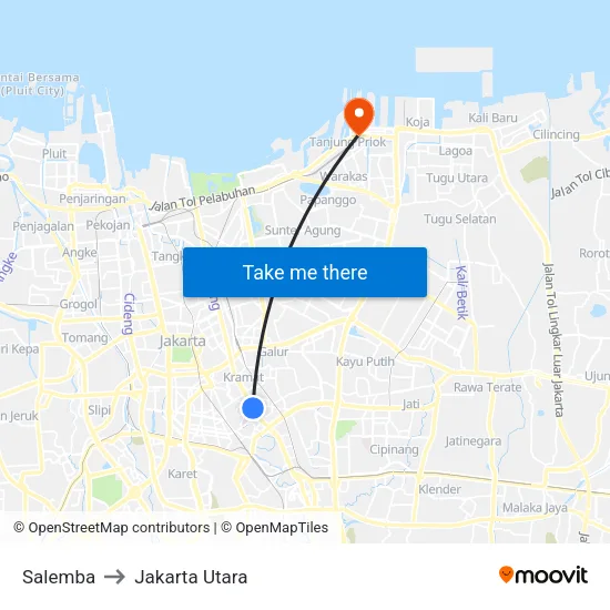 Salemba to Jakarta Utara map