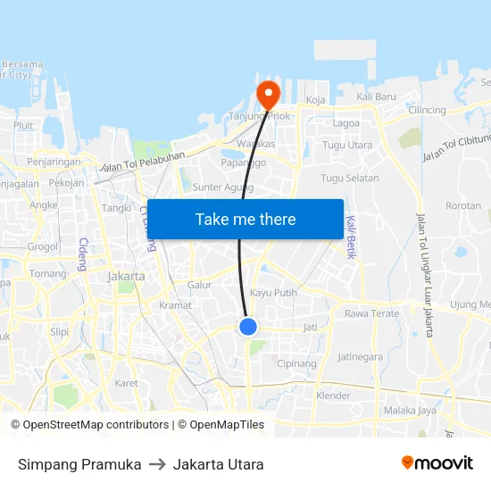 Simpang Pramuka to Jakarta Utara map