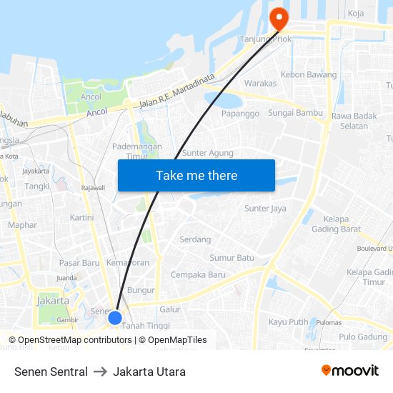 Senen Sentral to Jakarta Utara map