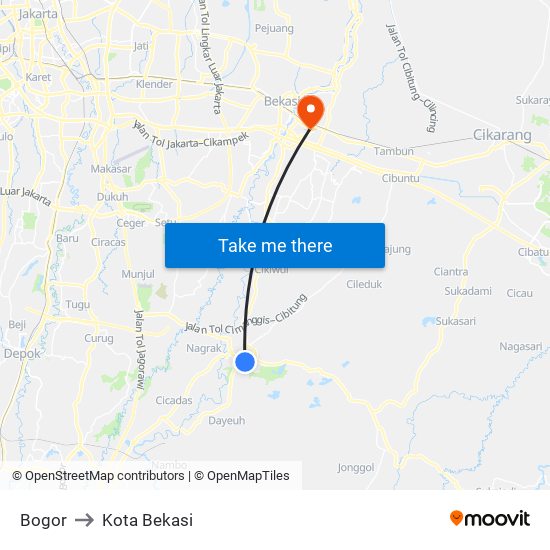 Bogor to Kota Bekasi map