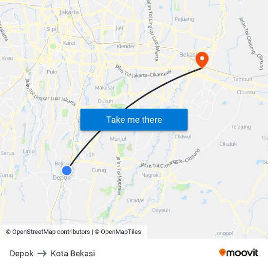 Depok to Kota Bekasi map