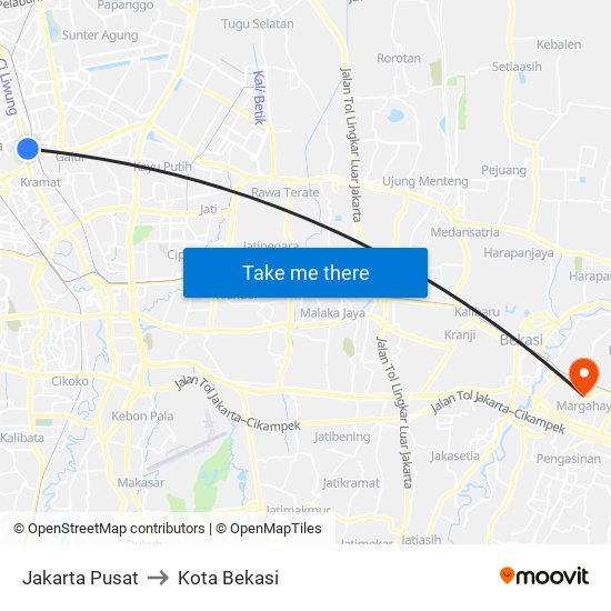 Jakarta Pusat to Kota Bekasi map