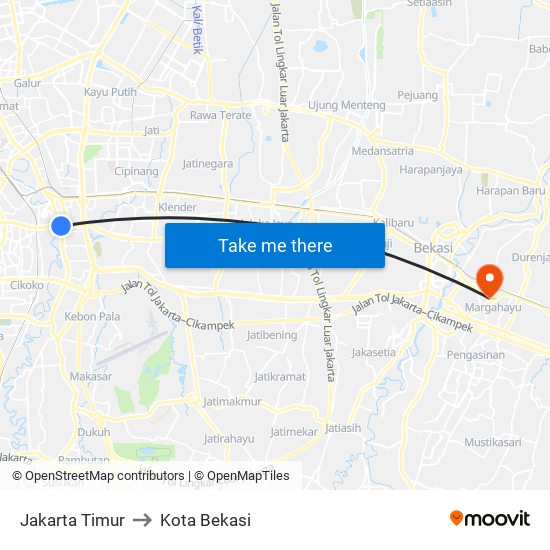 Jakarta Timur to Kota Bekasi map