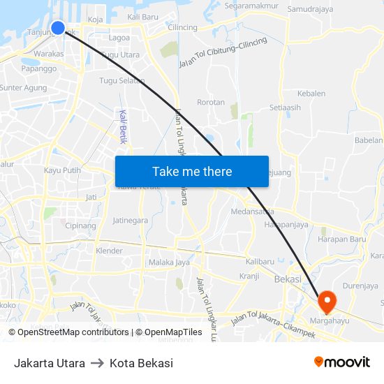 Jakarta Utara to Kota Bekasi map