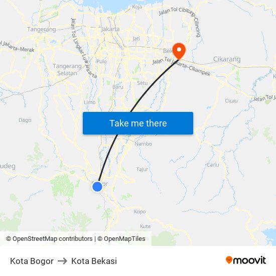 Kota Bogor to Kota Bekasi map