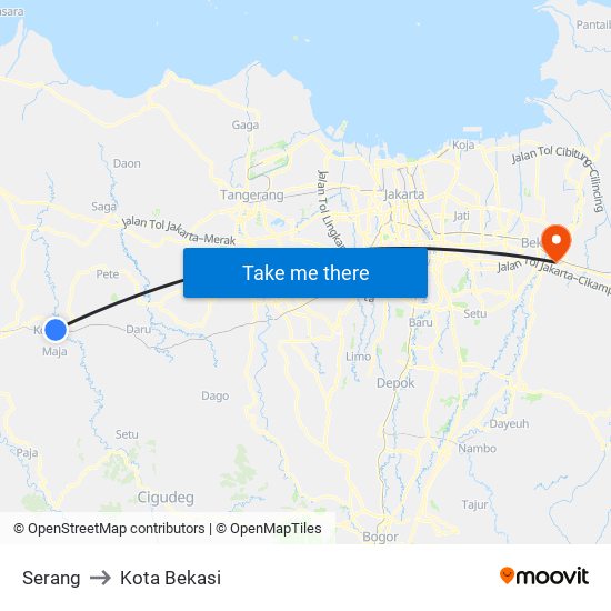 Serang to Kota Bekasi map