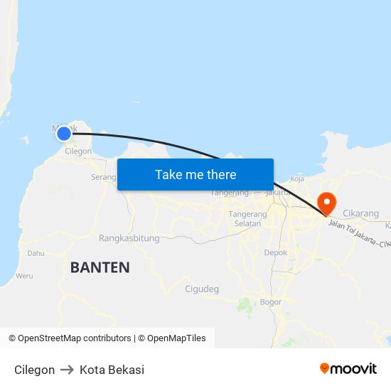 Cilegon to Kota Bekasi map