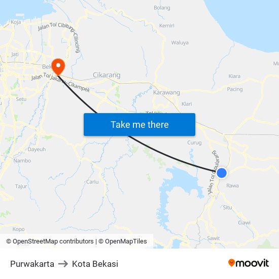 Purwakarta to Kota Bekasi map