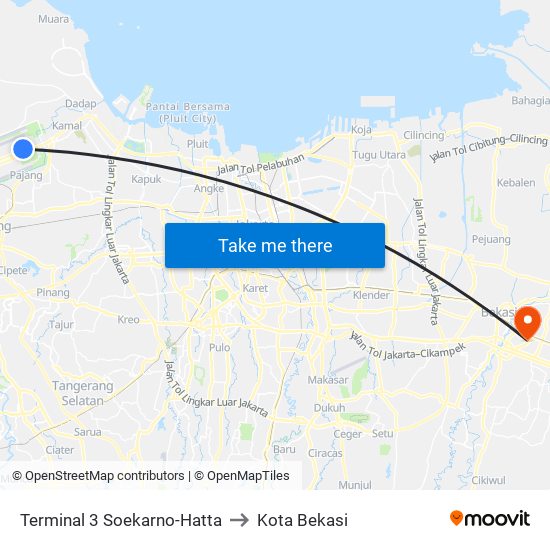 Terminal 3 Soekarno-Hatta to Kota Bekasi map