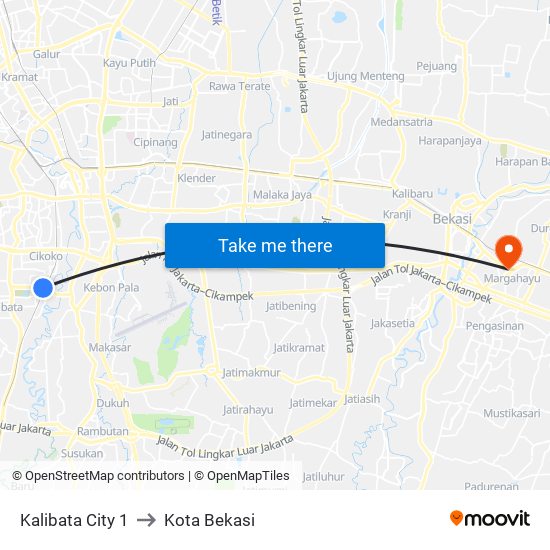 Kalibata City 1 to Kota Bekasi map