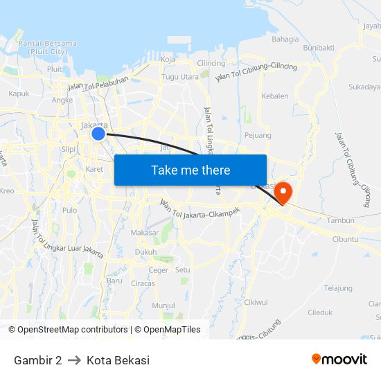 Gambir 2 to Kota Bekasi map
