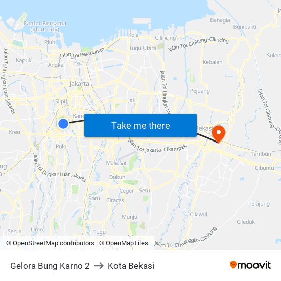 Gelora Bung Karno 2 to Kota Bekasi map