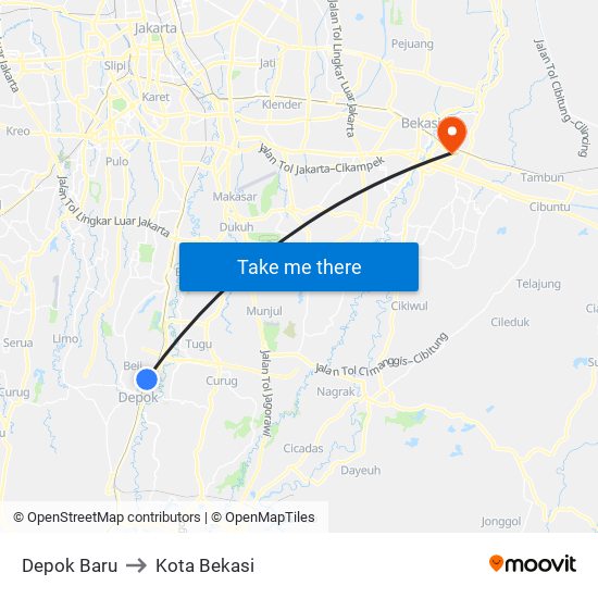 Depok Baru to Kota Bekasi map