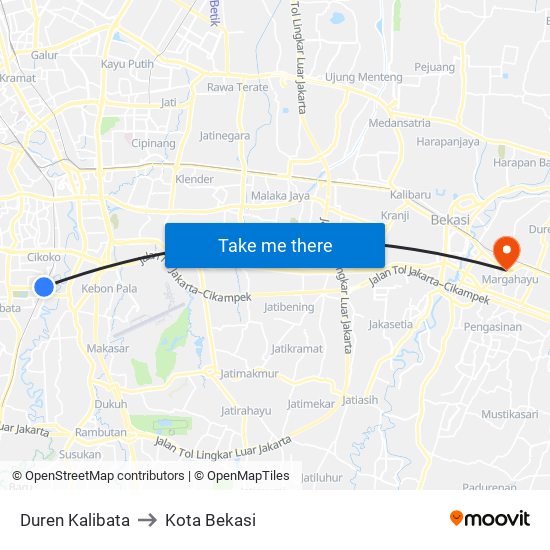 Duren Kalibata to Kota Bekasi map