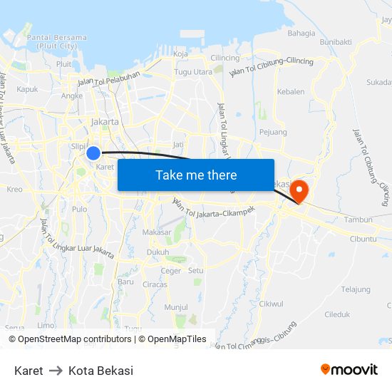 Karet to Kota Bekasi map