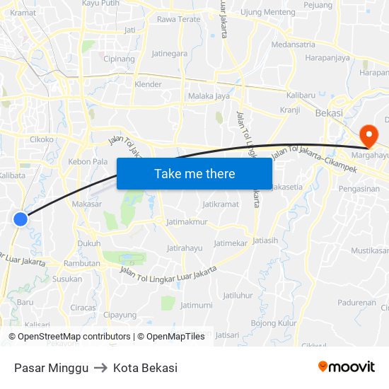 Pasar Minggu to Kota Bekasi map