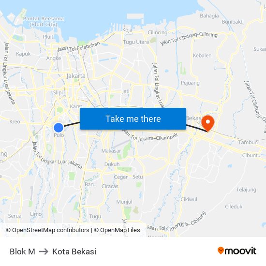 Blok M to Kota Bekasi map