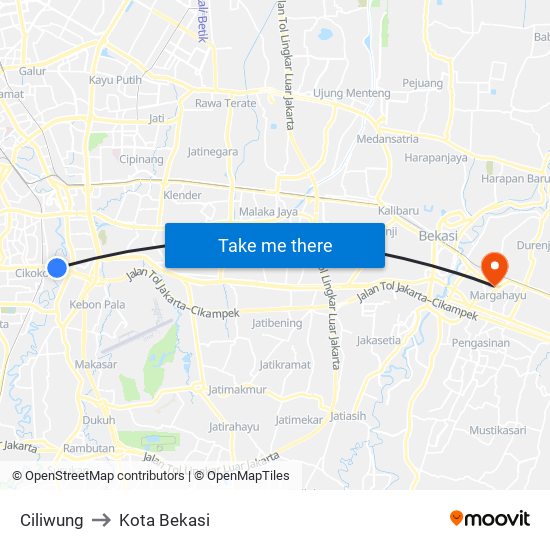 Ciliwung to Kota Bekasi map