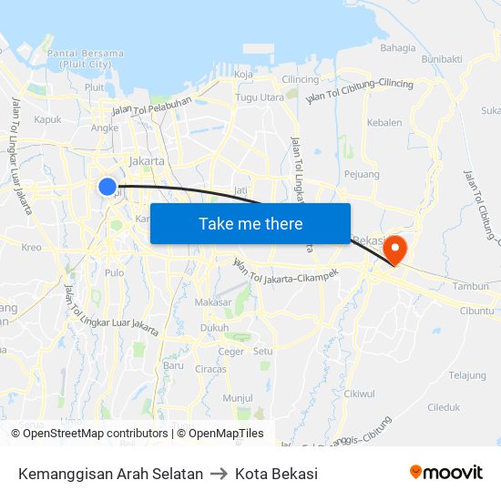 Kemanggisan Arah Selatan to Kota Bekasi map