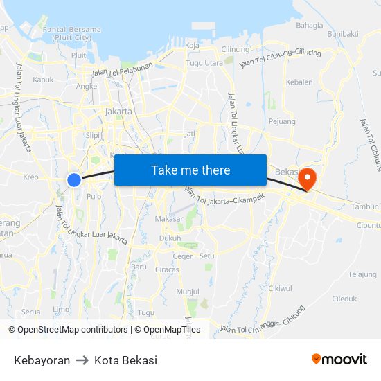 Kebayoran to Kota Bekasi map