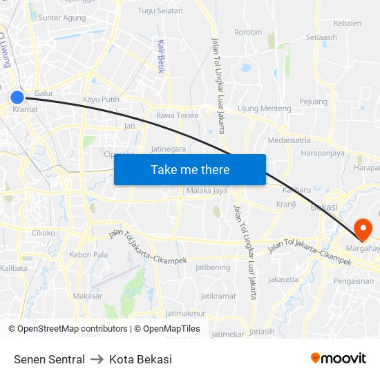 Senen Sentral to Kota Bekasi map