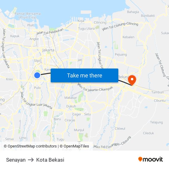 Senayan to Kota Bekasi map