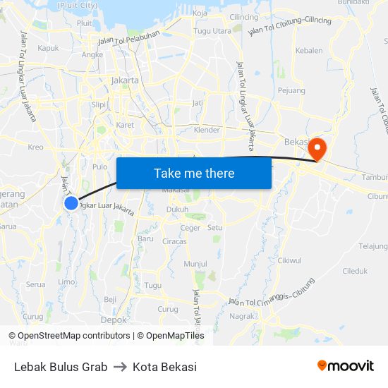 Lebak Bulus Grab to Kota Bekasi map