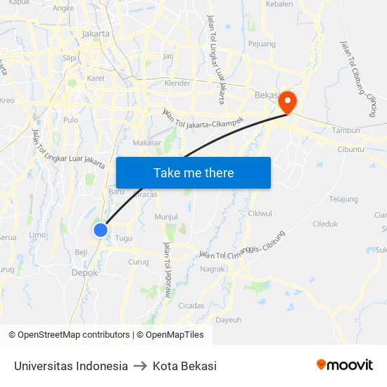 Universitas Indonesia to Kota Bekasi map