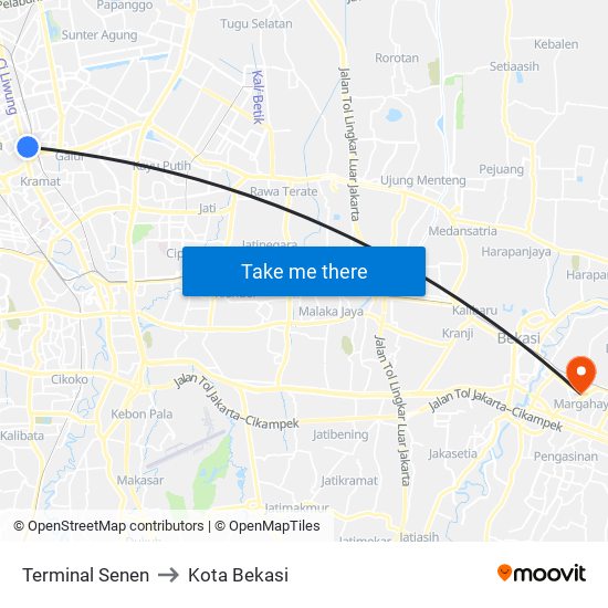 Terminal Senen to Kota Bekasi map