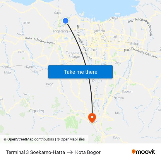 Terminal 3 Soekarno-Hatta to Kota Bogor map